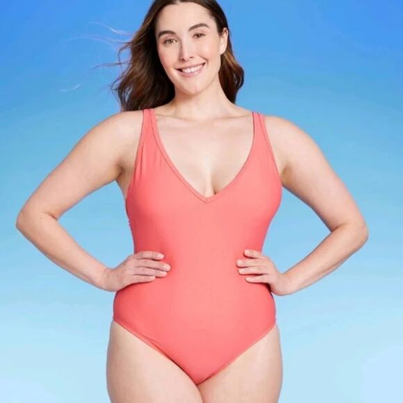 KONA SOL Swimsuit Womens Size 14W One Piece V-Neck High Leg Orange - Picture 1 of 5